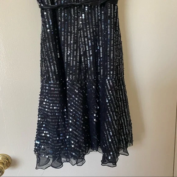 BCBG Maxazria black sequin mini party dress spaghetti strap silk bow Small S - Picture 6 of 8